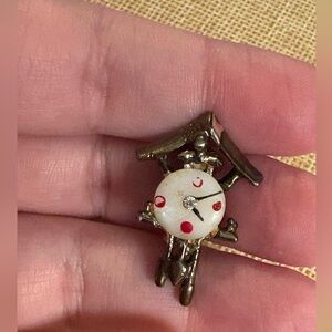Vintage Cuckoo Clock Figural Brooch Rhinestone Dial Silver Tone 1” Pin Whimsical